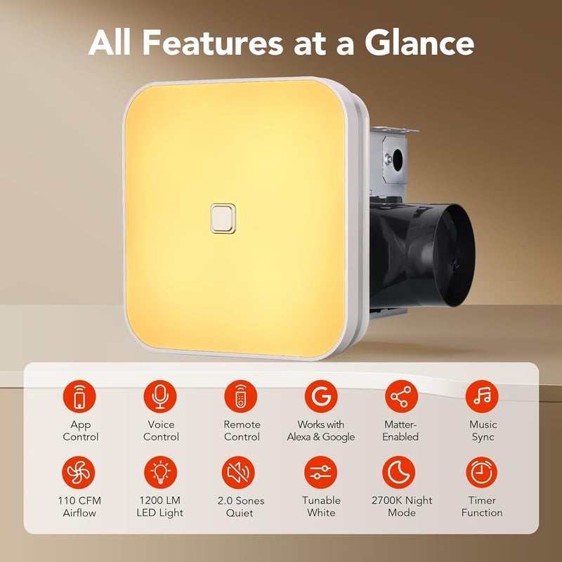 OREiN Matter Smart Bathroom Exhaust Fan with Light, Quiet 110 CFM Ventilation, 1200lm Dimmable LED with Night Light, AI RGB Lighting, 24-Zone Color, 2700K–6500K, Works with Alexa, Google & Apple Home - Image 4